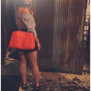 FOREVER 21 Striped Off-the-Shoulder Poplin Top S